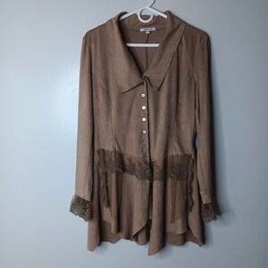 Cindy Oh Faux Suede & Lace Jacket L Tan Sharkbite Western Boho Euro Steampunk